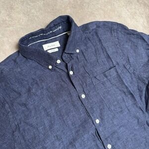 Porter & Ash Short Sleeve Button Down Mens Large Blue 100% Linen Summer